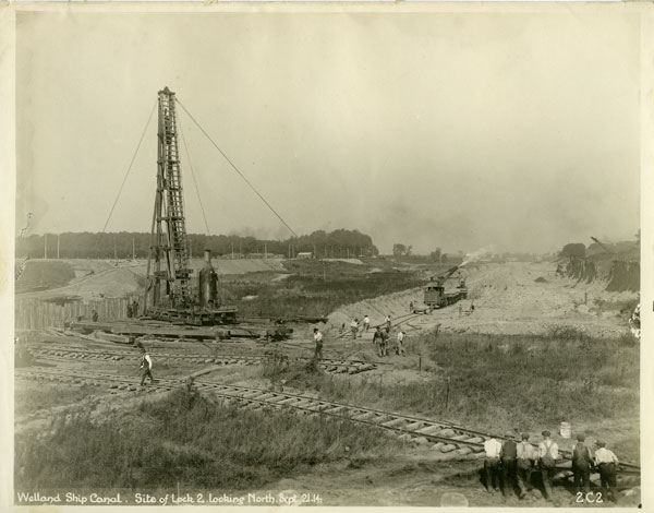 <p>The Welland Canal construction was a place of much activity as evident in this photo at the future site of Lock 2, Sept. 21, 1914. Photo Credit: St. Catharines Museum, L1967.195.13, St. Catharines Historical Society Collection</p>