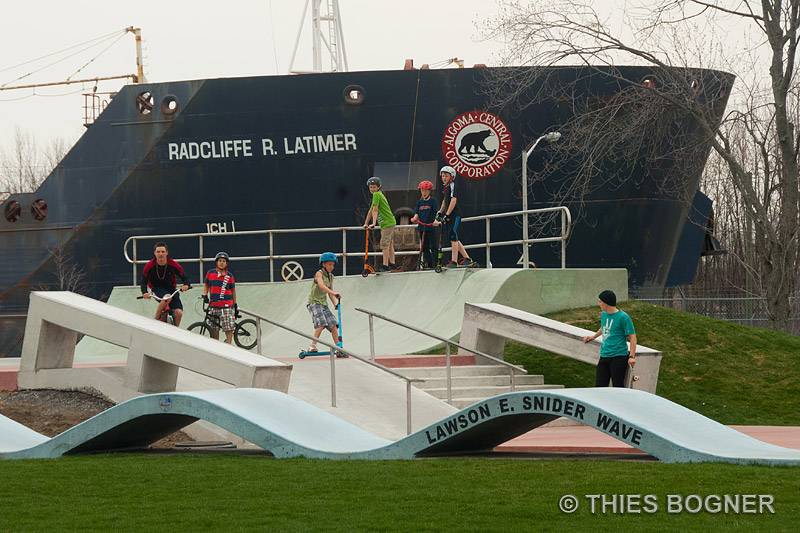 <p>Located at Lock 8 Park, the Algoport Skate &amp; BMX Park's design is marine heritage and replicates a laker passing under a bridge and portrays a compass to navigate youth.</p>